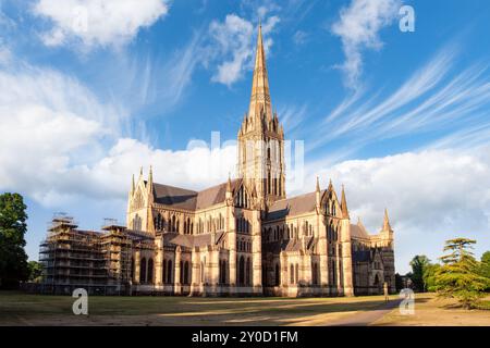 View of Salisbury cathedral at sunrise, England. Copy space in sky. Stock Photo