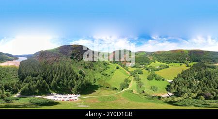 Spherical aerial view to Rhiwargor waterfall and lake Vyrnwy area. Stock Photo