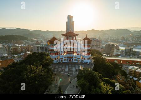 Aerial view of Zhupu Altar and keelung tower in northern Taiwan at dusk Stock Photo