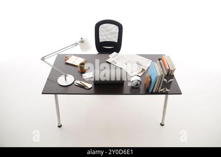 Computer, books and coffee cup photographed from above Stock Photo