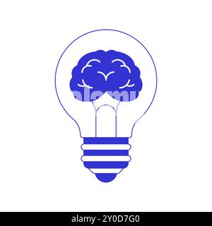 Y2k comic light bulb with brain psychedelic blue pen ink line icon vector flat illustration. Surreal lightbulb innovation idea knowledge education fun Stock Vector