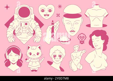 Y2k comic retro groovy pink emo girl Kawaii psychedelic icon set vector flat illustration. Surreal neo gothic funky trendy sticker astronaut sculpture Stock Vector