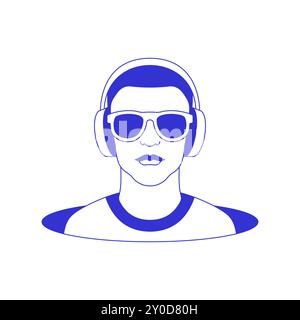 Y2k teen man in headphones sunglasses in hole psychedelic line icon vector flat illustration. Male teenager portrait listening music in fashion eyegla Stock Vector