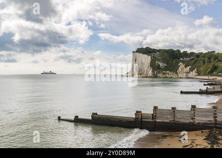 St Margaret's at Cliffe, Kent, England, UK, September 18, 2017: View over St Margaret's Bay with a DFDS ferry crossing the British Channel on the way Stock Photo