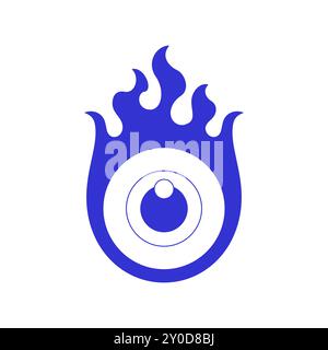 Y2k psychedelic eye with burning flame comic groovy blue line icon vector flat illustration. Bullseye blaze flammable surreal fantasy contemporary pop Stock Vector