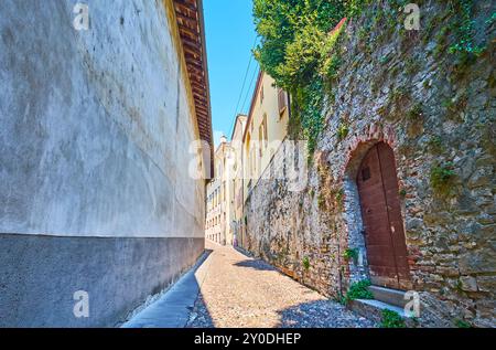 The old shabby wall with green plants, growing through the bricks and crumbled plaster, Via Arena, Bergamo, Italy Stock Photo