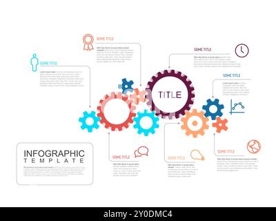 Multipurpose infographic report template made from cogwheels icons and descriptions. Infochart template for engine or wheel mechanism Stock Vector