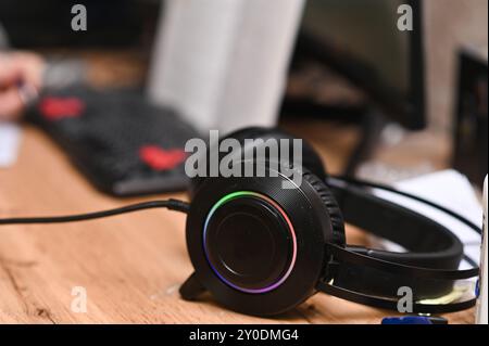 headphones in close-up on the table Stock Photo