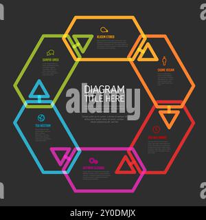 Six content hexagon shapes with arrows in one big cycle multipurpose infographic on black background with sample content, titles ans simple icons. Cyc Stock Vector