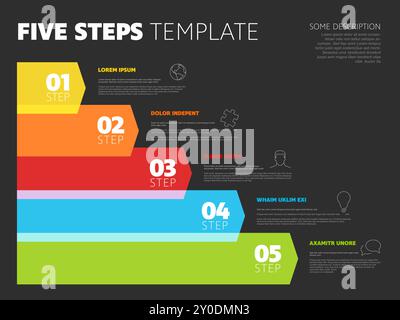 Five steps progress procedure infochart template with descriptions icons titles and big numbers on semi transparent arrows. Simple dark inographic des Stock Vector