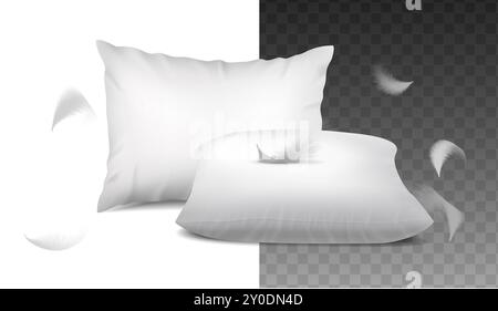3d realistic illustration. Sweet dreams design concept. Mockup White pillows with flying feathers, isolated. Stock Vector