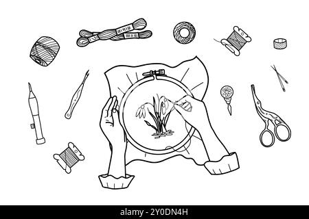 Female Hands Embroidering Flowers on a Hoop Canvas, Threads Spools, Scissors and Mulin Floss isolated on a white background. Needlework concept. Top Stock Vector