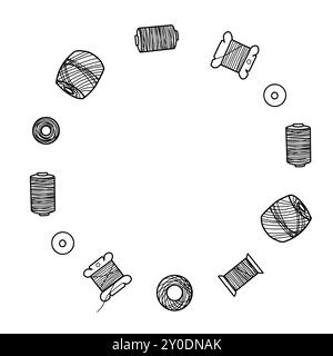 Threads Spools Wreath. Sewing or Needlework Circle Frame, Border for Handmade classes, handicraft. Hand drawn Vector illustration. Vintage Line art. Stock Vector