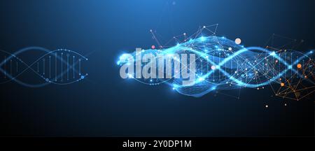 Scientific and technological background. An image of a DNA molecule with a wave of a geometric shape. Hand drawn vector. Stock Vector
