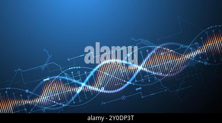 Scientific and technological background. Image of dna molecule with technological elements. Hand drawn vector. Stock Vector