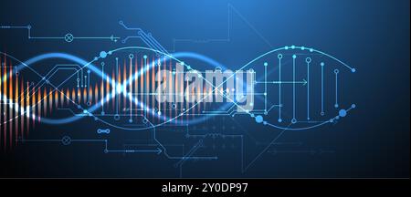 Scientific and technological background. Image of dna molecule with technological elements. Hand drawn vector. Stock Vector