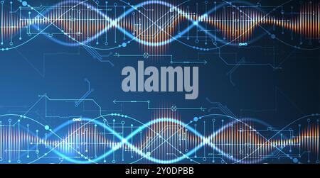 Scientific and technological background. Image of dna molecule with technological elements. Hand drawn vector. Stock Vector