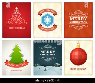 Christmas greetings cards vector backgrounds set. Merry Christmas holidays wish message typography design and decorations. Vector illustration. Stock Vector