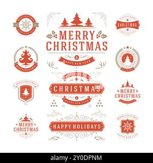 Christmas Labels and Badges Vector Design. Decorations elements, Symbols, Icons, Frames, Ornaments and Ribbons, set. Typographic Merry Christmas and H Stock Vector