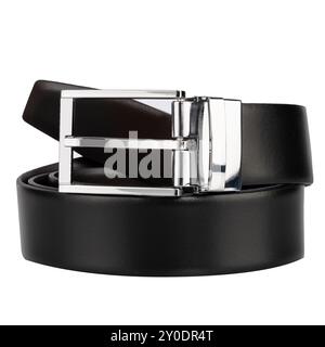 Black Leather Belt with Silver Buckle Stock Photo