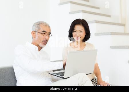 A middle age couple using their computer Stock Photo