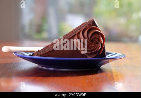 slice of delicious chocolate cake on blue plate Stock Photo