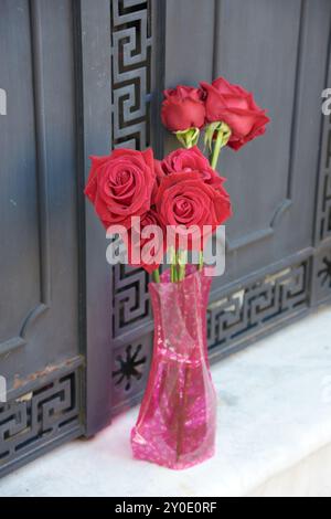 beautiful  red  flowers on a rusty grave door Stock Photo