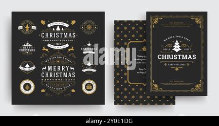 Christmas labels and badges vector design elements set with greeting card template. Merry christmas and happy new year wishes vintage typography and s Stock Vector