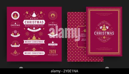 Christmas labels and badges vector design elements set with greeting card template. Merry christmas and happy new year wishes vintage typography and s Stock Vector