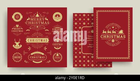 Christmas labels and badges vector design elements set with greeting card template. Merry christmas and happy new year wishes vintage typography and s Stock Vector