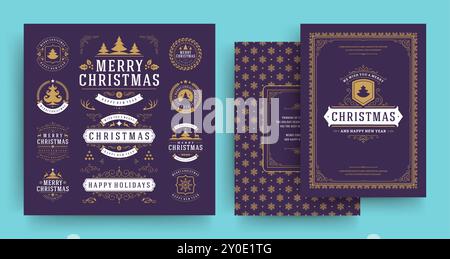 Christmas labels and badges vector design elements set with greeting card template. Merry christmas and happy new year wishes vintage typography and s Stock Vector