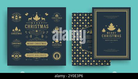 Christmas labels and badges vector design elements set with greeting card template. Merry christmas and happy new year wishes vintage typography and s Stock Vector