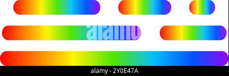 Set of colorful buttons with light spectrum print. Various lengths lines with ultraviolet colors. Multicolored wavelengths. Rainbow borders isolated on white background. Vector illustration. Stock Vector