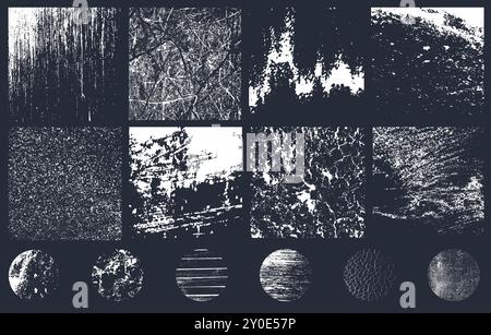 Vector set of grunge textures, space, organic patterns, dirty stamps for design. Noise rough backgrounds Stock Vector