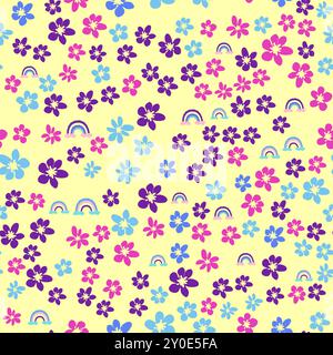 Ditsy floral seamless pattern. Flowers and stars pattern, lavender and pink. Stock Vector