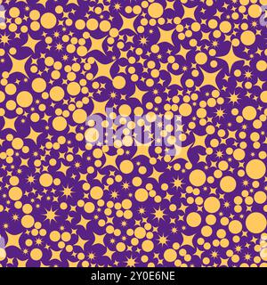 Ditsy bright gold stars seamless pattern on purple, blue background Stock Vector