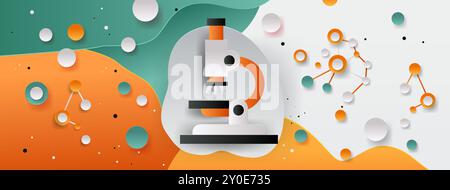 Microscope science concept with molecular structures and abstract shapes in vibrant orange green and white paper cut style Stock Vector