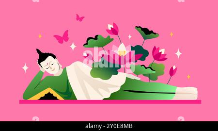 Reclining buddha in lotuses - modern colored vector illustration Stock Vector