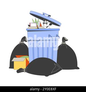 Korean woman with staff box in trash bin cartoon flat illustration Stock Vector