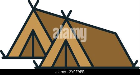 Two brown camping tents standing on a field, summer camp tourism icon Stock Vector