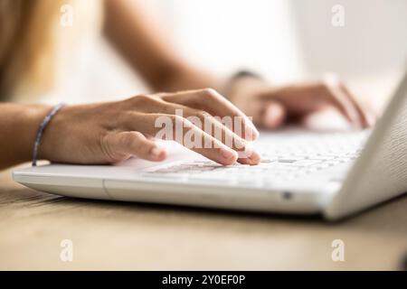 Female hands typing on keyboard of laptop surfing Internet and tex-ting friends via social networks, sitting at wooden table indoors. Technology and c Stock Photo