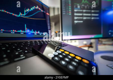 Busines and finance. Calculator screens analytics charts. Stock Photo