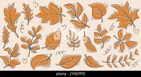 Dried autumn leaves doodle sketch style illustration. Falling colorful orange foliage of different trees. Fall season hand drawn natural elements Stock Vector