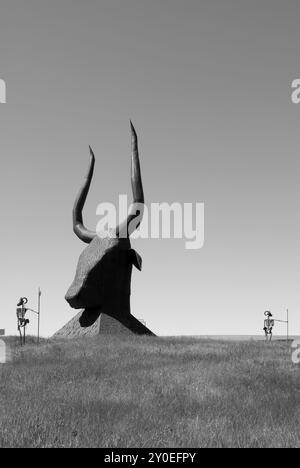 Extinct Egyptian Longhorn Sculpture at Porter Sculpture Park in Montrose, South Dakota Stock Photo