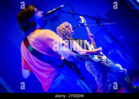 Edinburgh, Scotland. Sun 1 September 2024. The Bug Club performing at The Queen’s Hall as part of the 2024 Edinburgh Psych Fest. The Bug Club are a Welsh indie rock band from Caldicot, Monmouthshire. Formed in 2016, the current lineup consists of Sam Willmett (guitar / vocals) and Tilly Harris (bass / vocals). They released their third album “On The Intricate Inner Workings Of The System” on 30 August 2024 on the iconic Sub Pop record label. Stock Photo