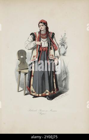 Historical and folk costumes of Europe. Ruthenian peasant woman from Marmaros. (Hungary). Germany. 1876-1878 The head, framed by black hair, is wrapped in a red or blue cloth, the ends of which, tied backwards, fall down over the back. Two red ribbons are tied from the nape of the neck down to the belt. The upper body is covered by a wide, folded, white shirt, the sleeves of which appear to be closed at the wrists by a narrow waistband. Over the shirt, the Ruthenian peasant woman wears a short, sleeveless fur jacket with a black fur front and the same zigzag ornaments in green and red. A carmi Stock Photo