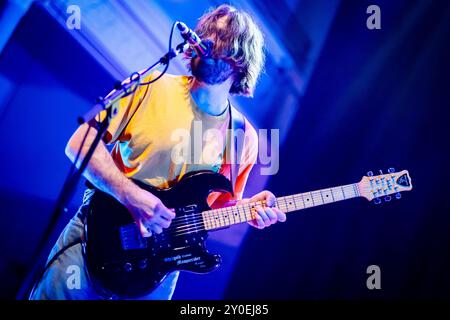 Edinburgh, Scotland. Sun 1 September 2024. The Bug Club performing at The Queen’s Hall as part of the 2024 Edinburgh Psych Fest. The Bug Club are a Welsh indie rock band from Caldicot, Monmouthshire. Formed in 2016, the current lineup consists of Sam Willmett (guitar / vocals) and Tilly Harris (bass / vocals). They released their third album “On The Intricate Inner Workings Of The System” on 30 August 2024 on the iconic Sub Pop record label. Stock Photo