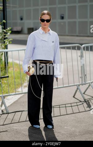 Copenhagen, Denmark. 08th Aug, 2024. Street style, arriving at Munthe Spring Summer 2025 show, held at Copenhagen Fashion Week, Denmark, on August 8, 2024. Photo by Marie-Paola Bertrand-Hillion/ABACAPRESS.COM Credit: Abaca Press/Alamy Live News Stock Photo