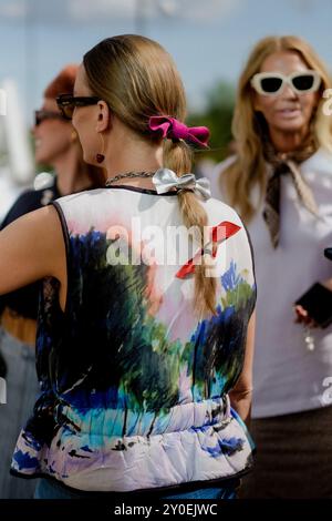 Copenhagen, Denmark. 08th Aug, 2024. Street style, arriving at Munthe Spring Summer 2025 show, held at Copenhagen Fashion Week, Denmark, on August 8, 2024. Photo by Marie-Paola Bertrand-Hillion/ABACAPRESS.COM Credit: Abaca Press/Alamy Live News Stock Photo