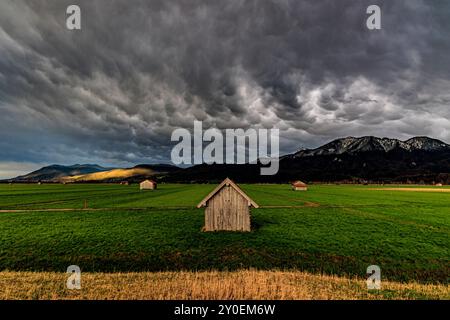 Evening light and storm clouds over a small hut in front of mountains, spring, Loisach Kochelsee Moor, Bavaria, Germany, Europe Stock Photo